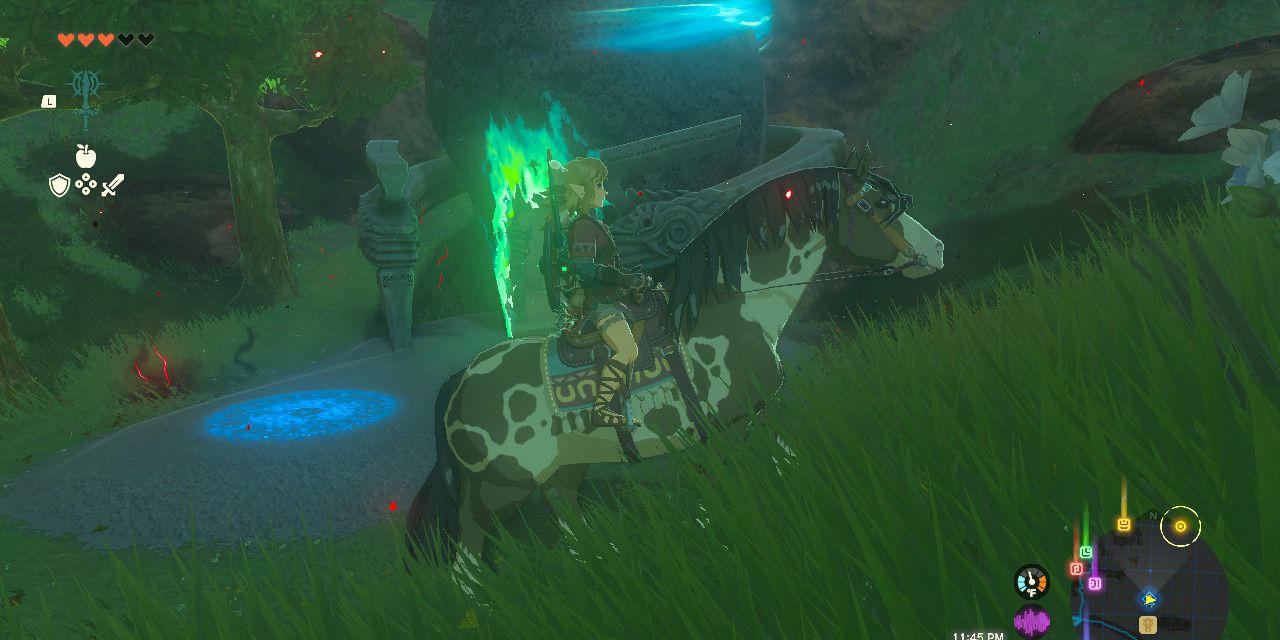 Link riding past a shrine in Tears of the Kingdom