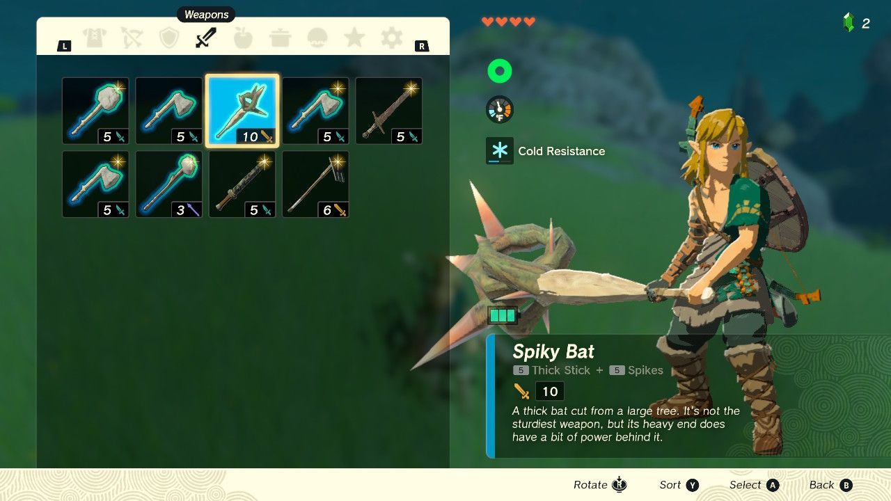Weapon inventory screen with Link holding a fused Spiky Bat