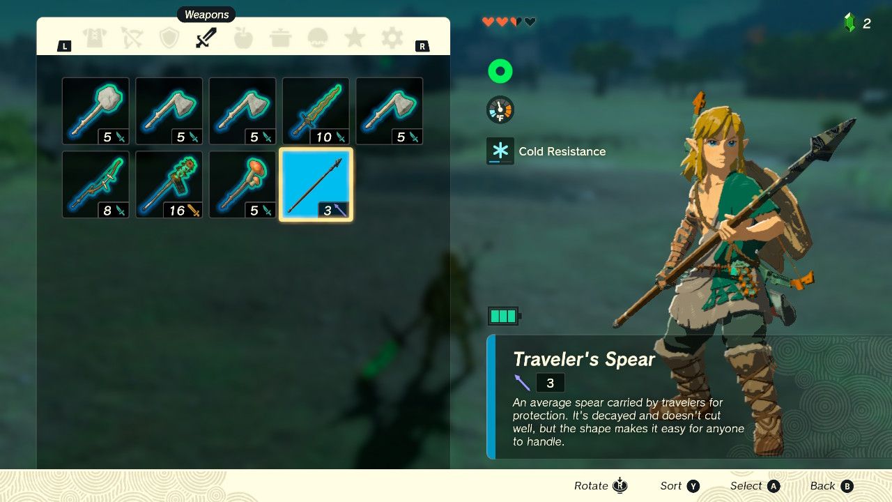 Link holding a spear on the weapon inventory screen