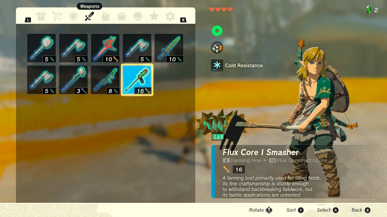 Link holding a melee weapon fused with a flux core on the weapons screen.