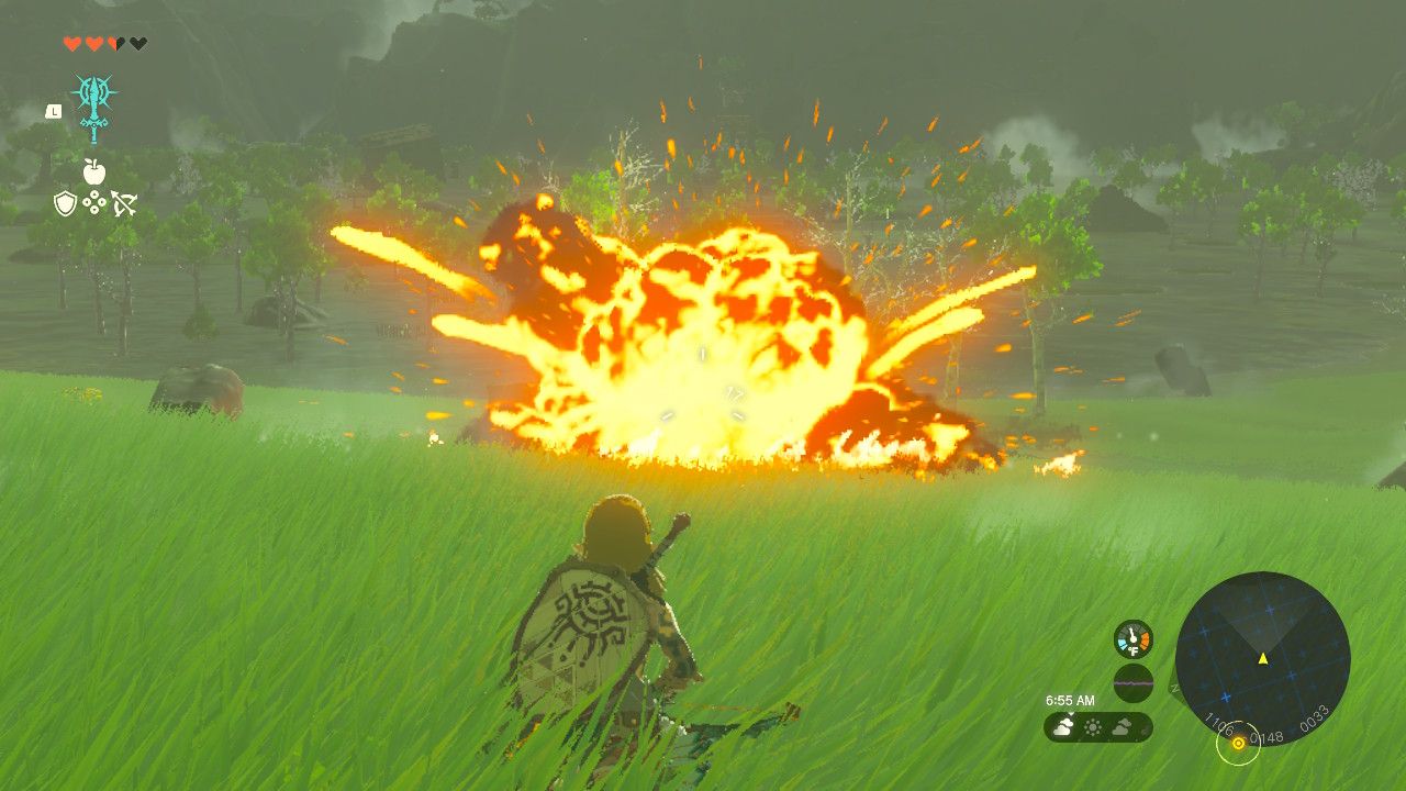 Link looking at an explosion caused by a bomb flower arrow