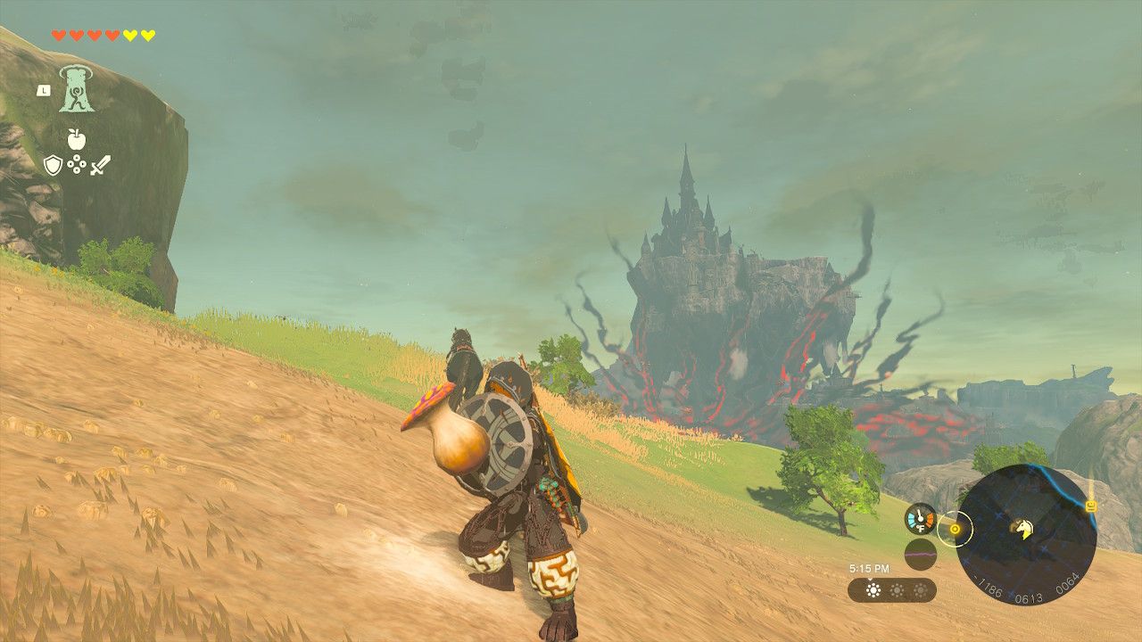 Link posed with a puffshroom shield on a hillside