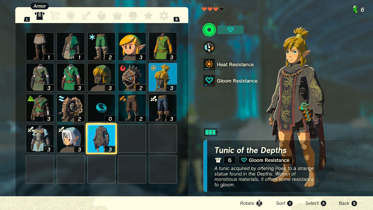 Inventory screen highlighting the Tunic of the Depths in Zelda: TOTK