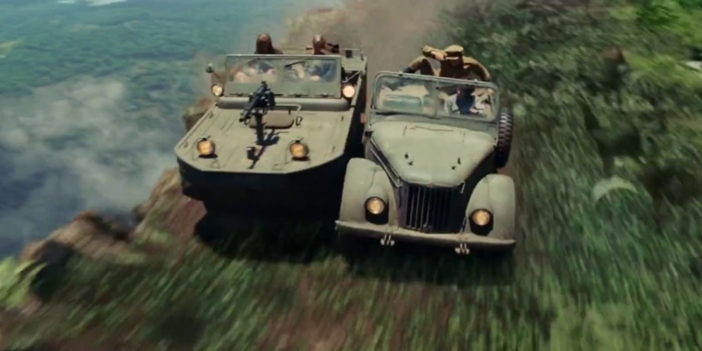 Two cars on the edge of a cliff in Indiana Jones 4.