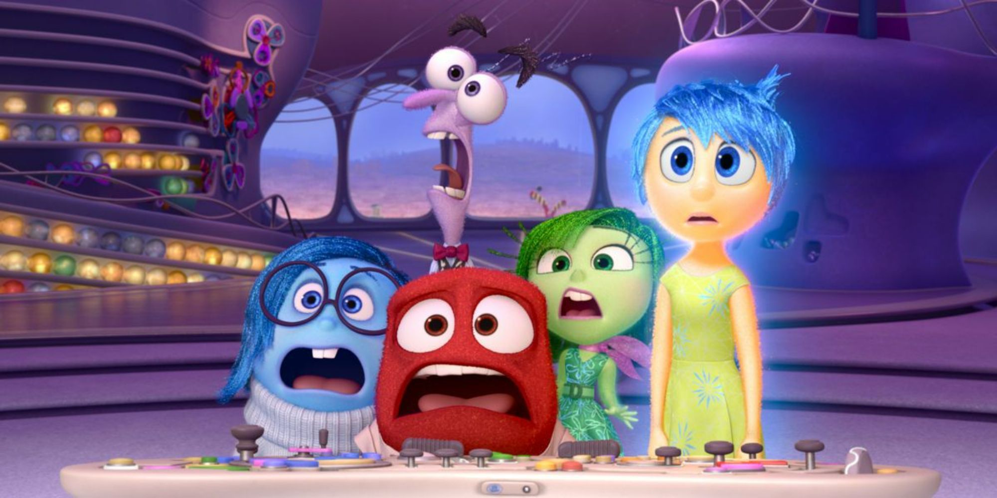 The four emotions in Inside Out stand together, looking shocked. 