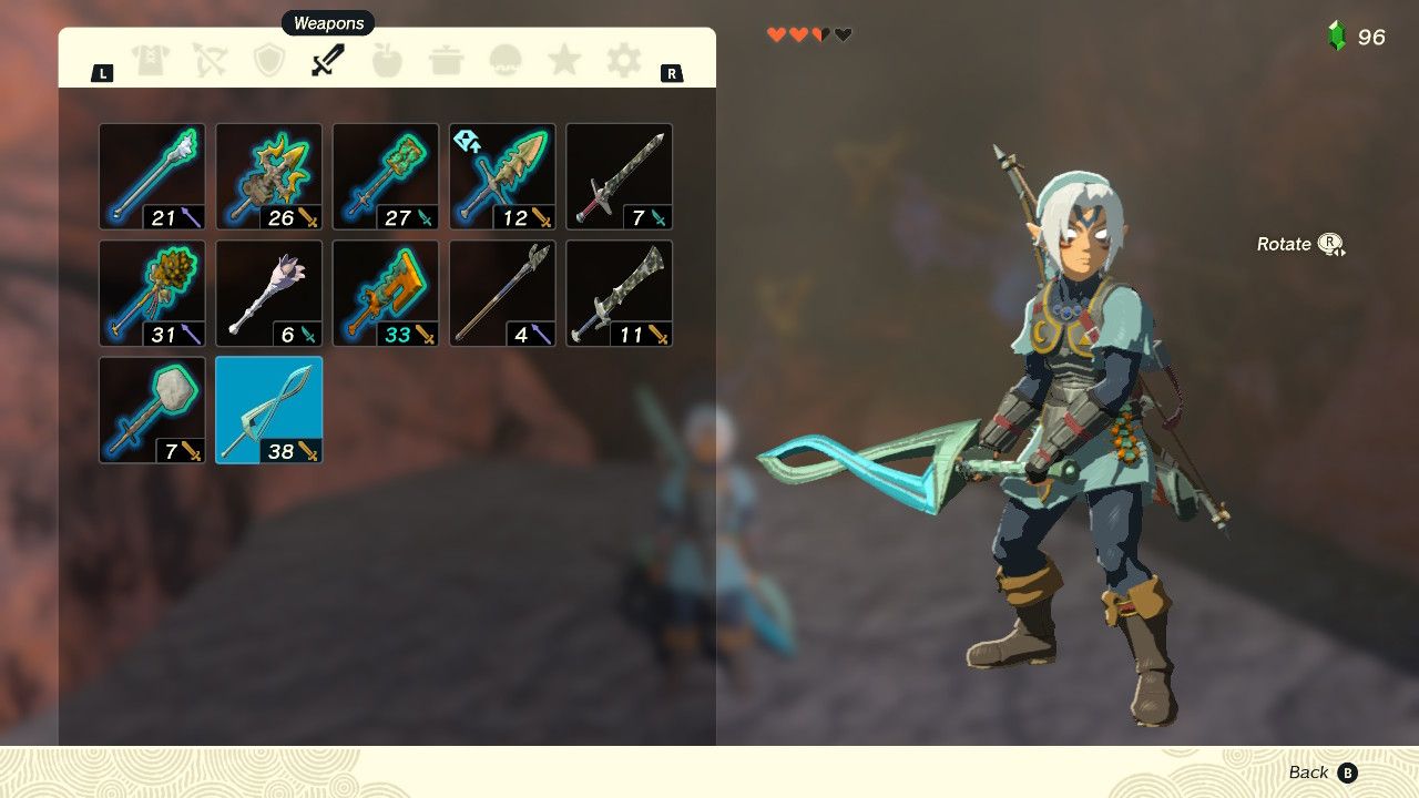 Inventory screen with Link holding the Fierce Deity Sword