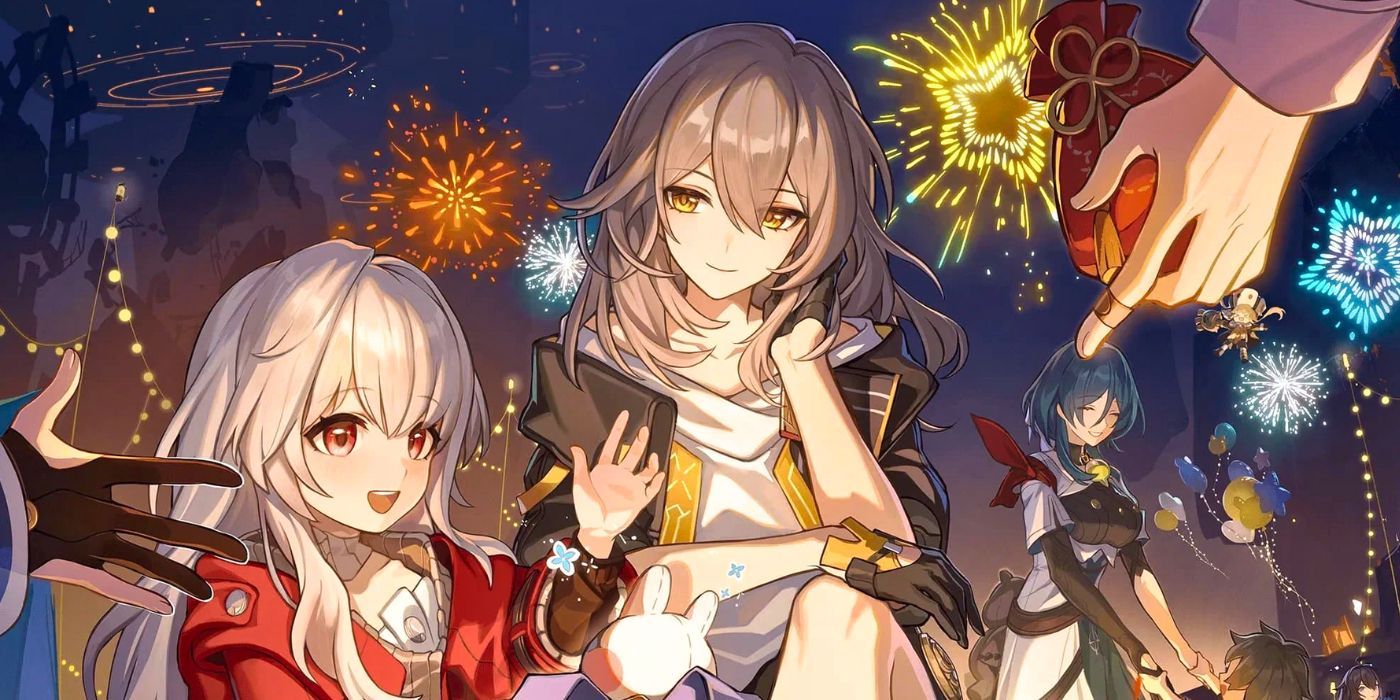 Clara opening a gift while Trailblazer watches over her with a smile and fireworks explode in the background of Honkai: Star Rail.