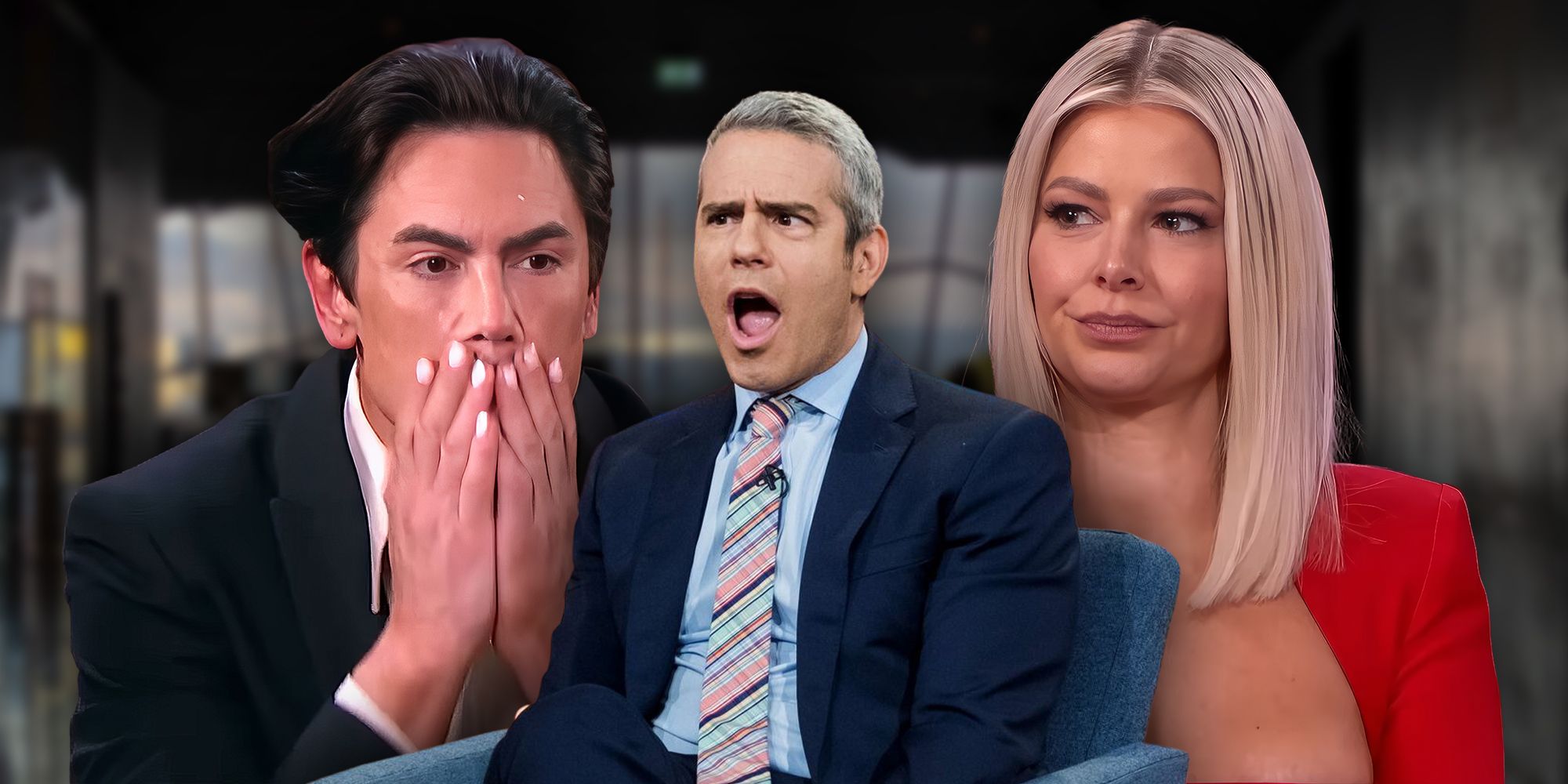 A shocked Tom Sandoval, Andy Cohen and Ariana Madix during Vanderpump Rules reunion