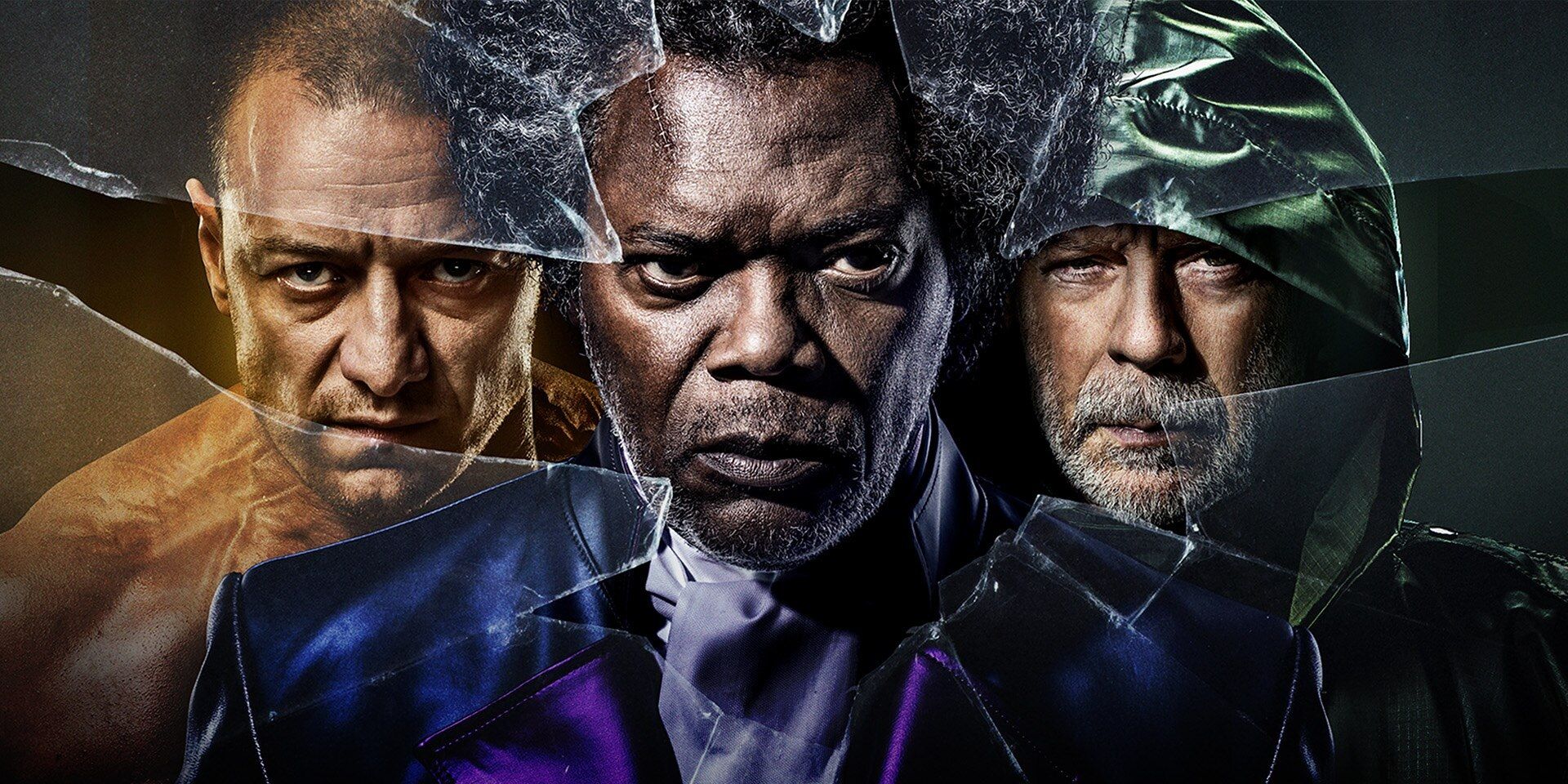 James McAvoy, Samuel L Jackson, and Bruce Willis on the Glass poster