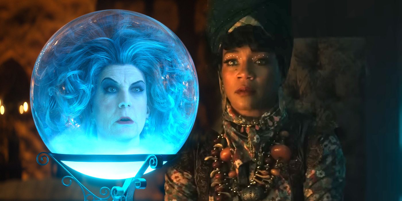 Jamie Lee Curtis in a crystal ball and Tiffany Haddish in the Haunted Mansion