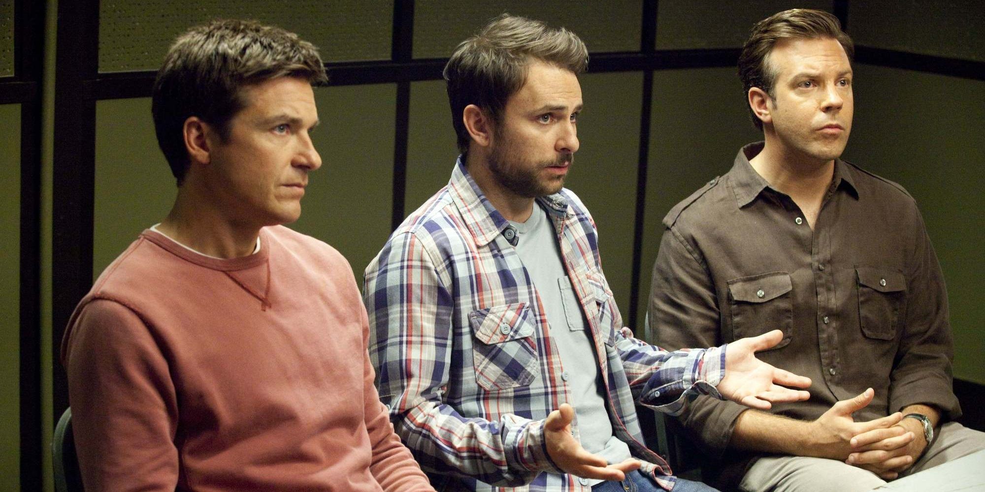 Jason Bateman, Charlie Day, and Jason Sudeikis in an interrogation room in Horrible Bosses