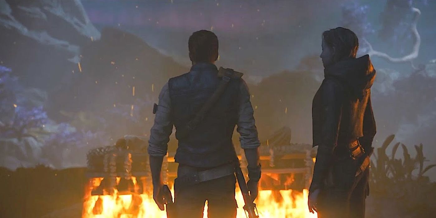 Cal and Merrin stand at a funeral pyre for Bode, Cere and Edo at the end of Star Wars Jedi: Survivor