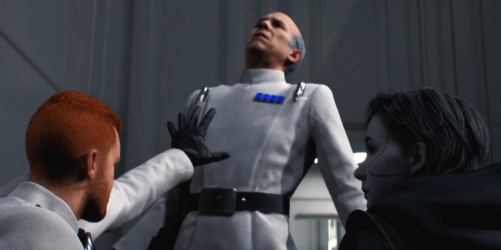 Cal using the Force to suspend ISB officer Denvik while Merrin attempts to talk him out of his anger.