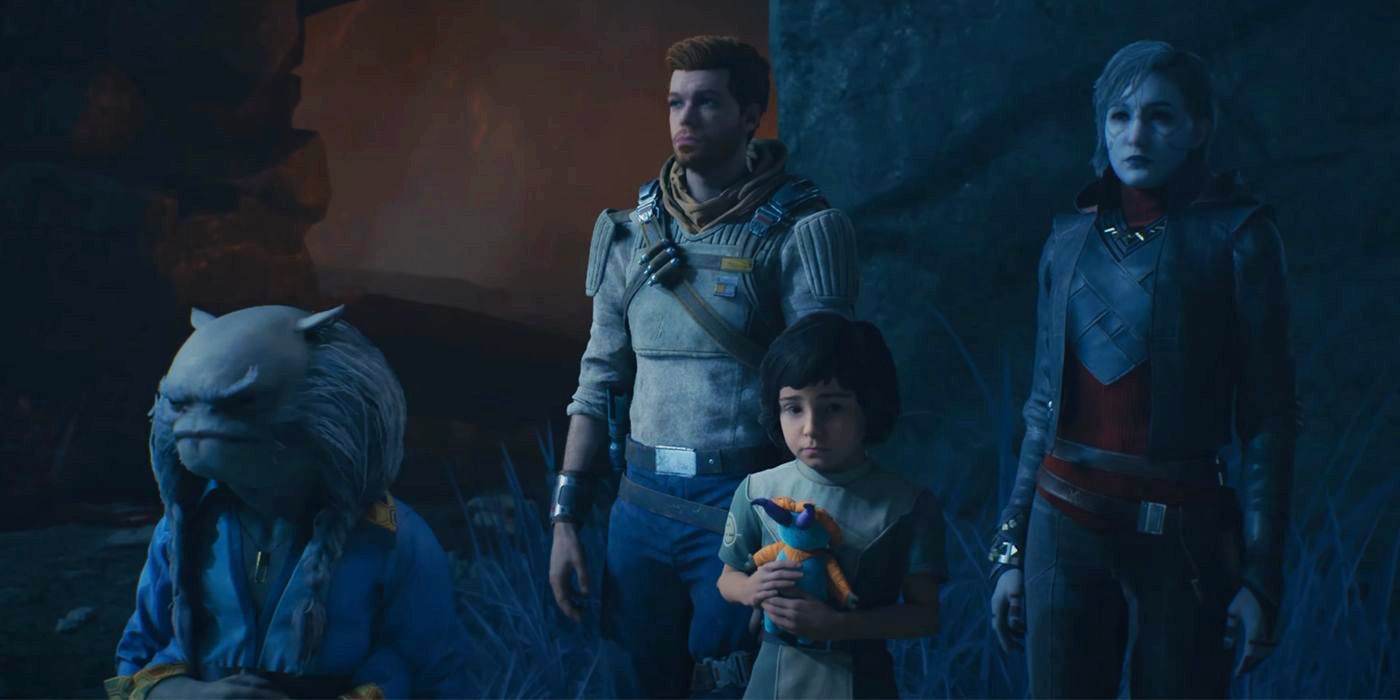 Cal, Merrin, Greez, and Kata all standing next to each other in a screenshot from Star Wars Jedi: Survivor's final scenes. The scene is dark and Kata is holding a toy animal in her hands.