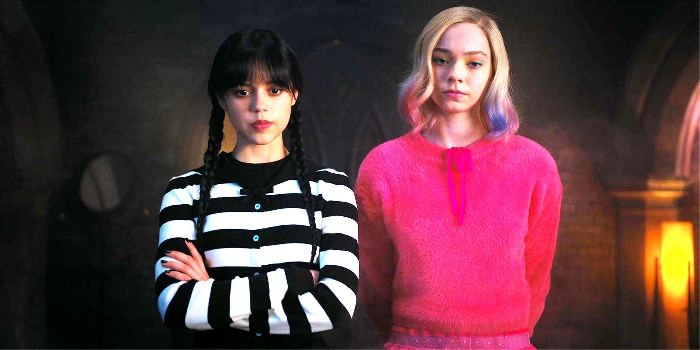 Jenna Ortega as Wednesday and Emma Myers as Enid, standing next to each other in Wednesday season 1