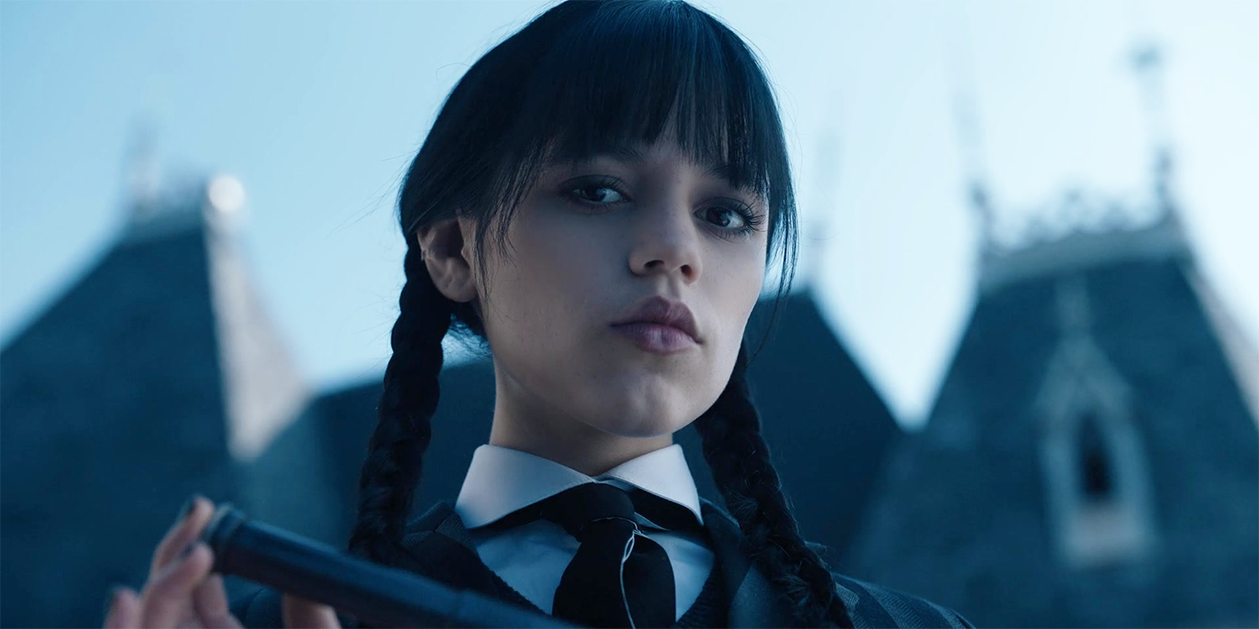 Jenna Ortega as Wednesday Addams looking down in Wednesday
