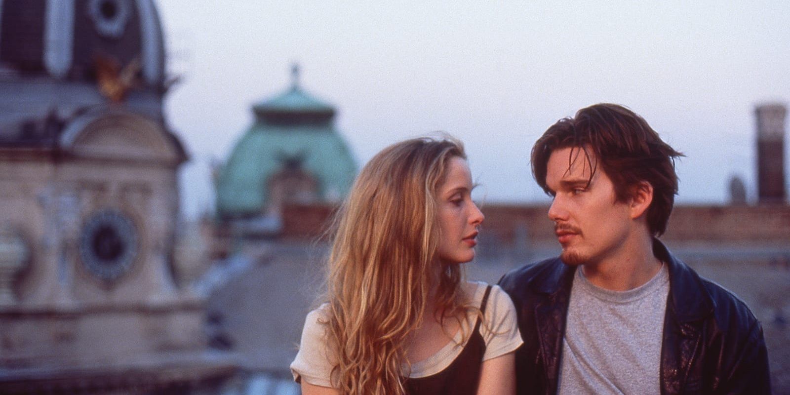 Jesse and Celine gaze at each other in Before Sunrise
