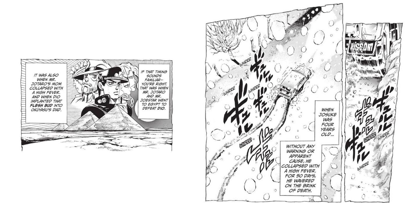 Panel dari Jojo's Bizarre Adventure menjelaskan penyakit Josuke dan perwujudan Stand.