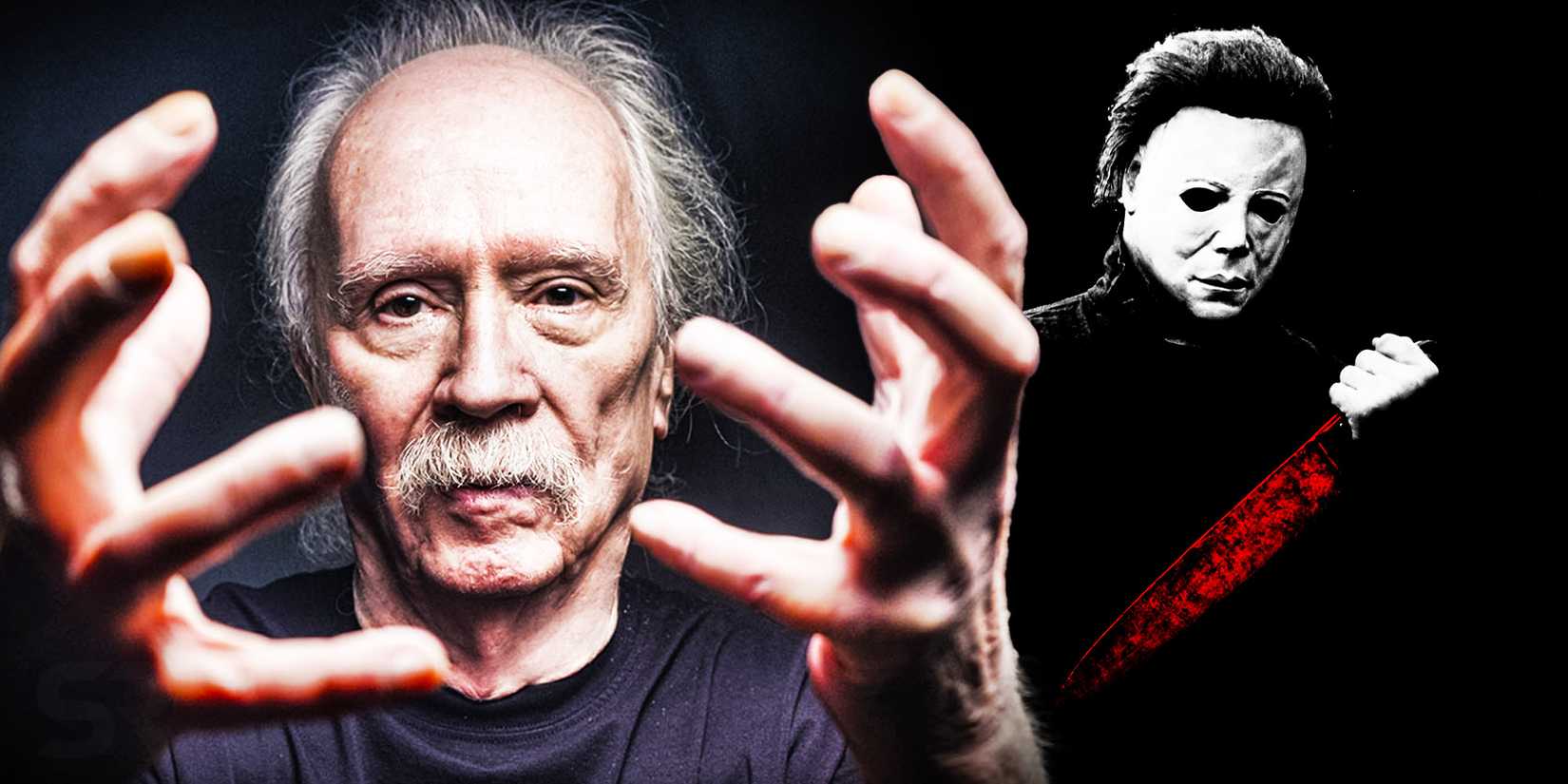 John Carpenter with his hands out while Michael Myers is to the side