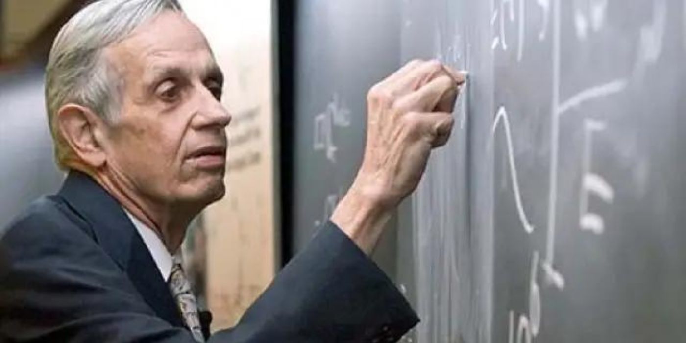 John Nash scribbling on a blackboard