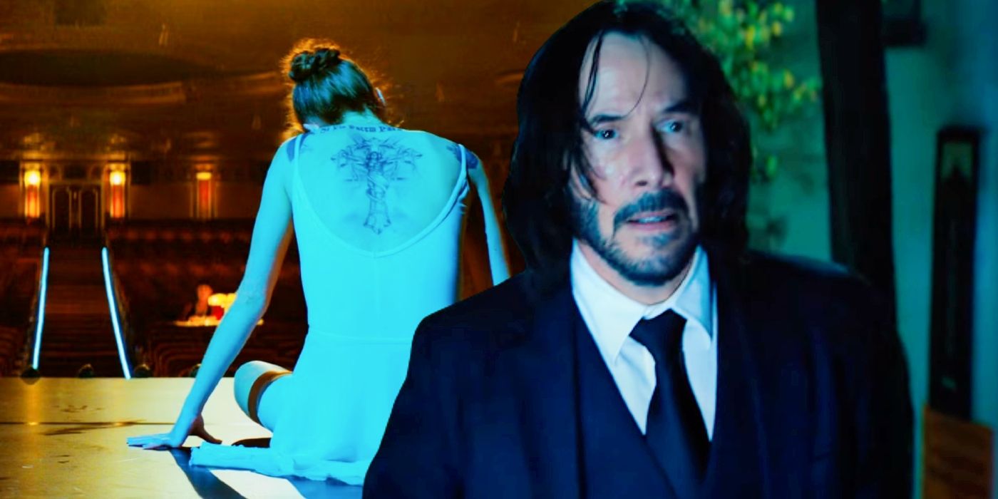 Custom image of Keanu Reeves in John Wick 4 and a ballerina from John Wick 3.