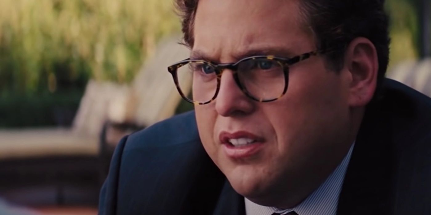 Jonah Hill as Donnie Azoff looking concerned in The Wolf of Wall Street
