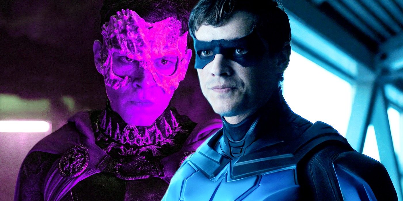 Joseph Morgan as Brother Blood Sebastian and Brenton Thwaites as Dick Grayson Nightwing in Titans season 4 finale