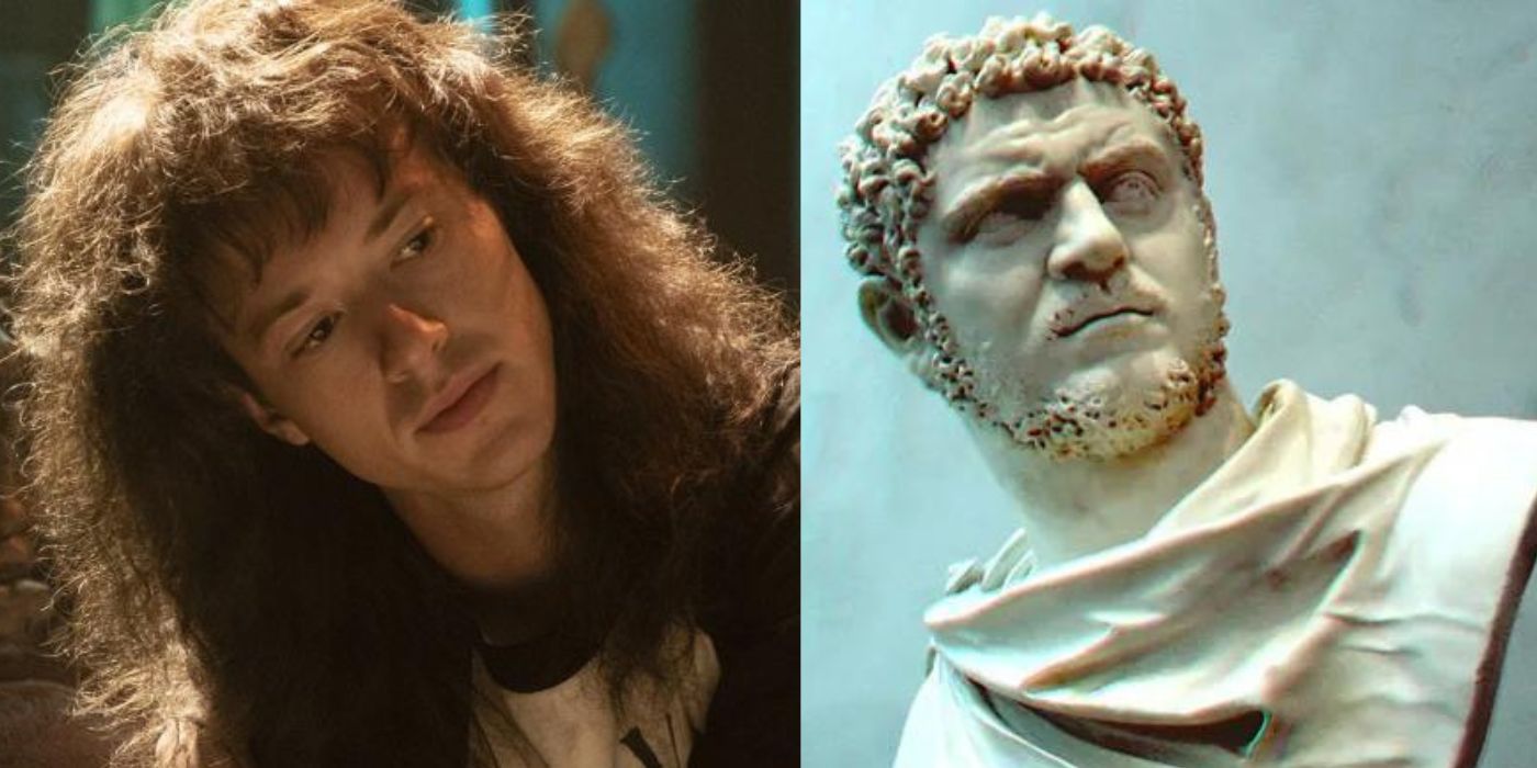 Joseph Quinn olhando de lado em coisas estranhas e uma estátua de Caracalla