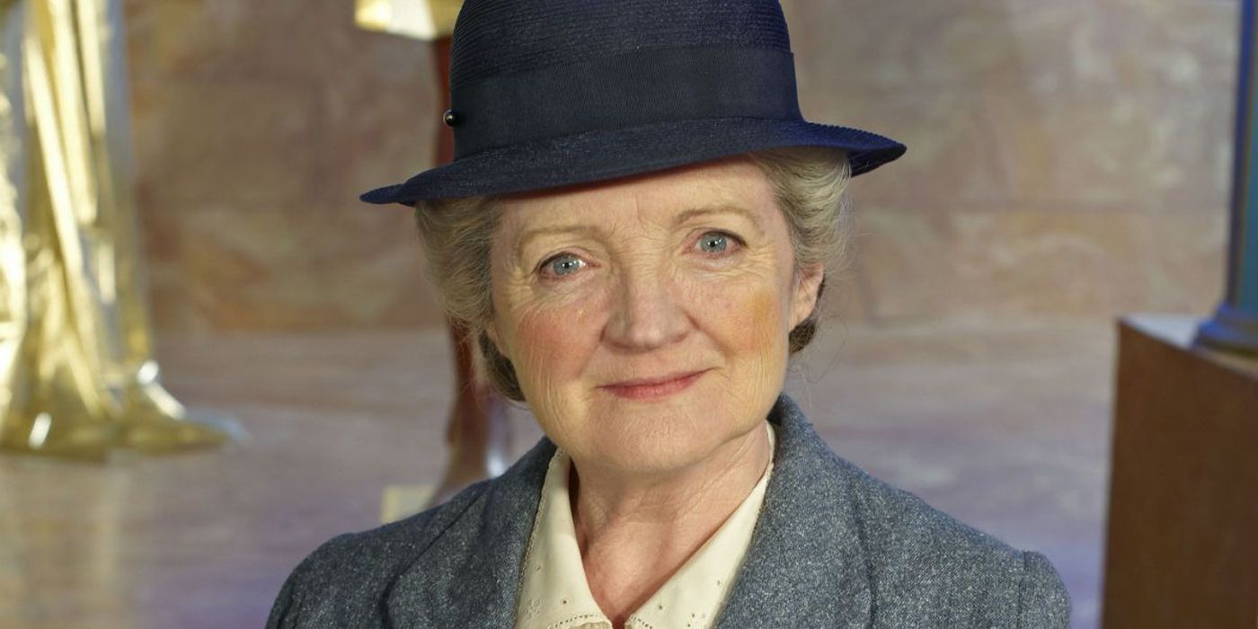 Julia McKenzie as Agatha Christie's Miss Marple looking directly into the camera