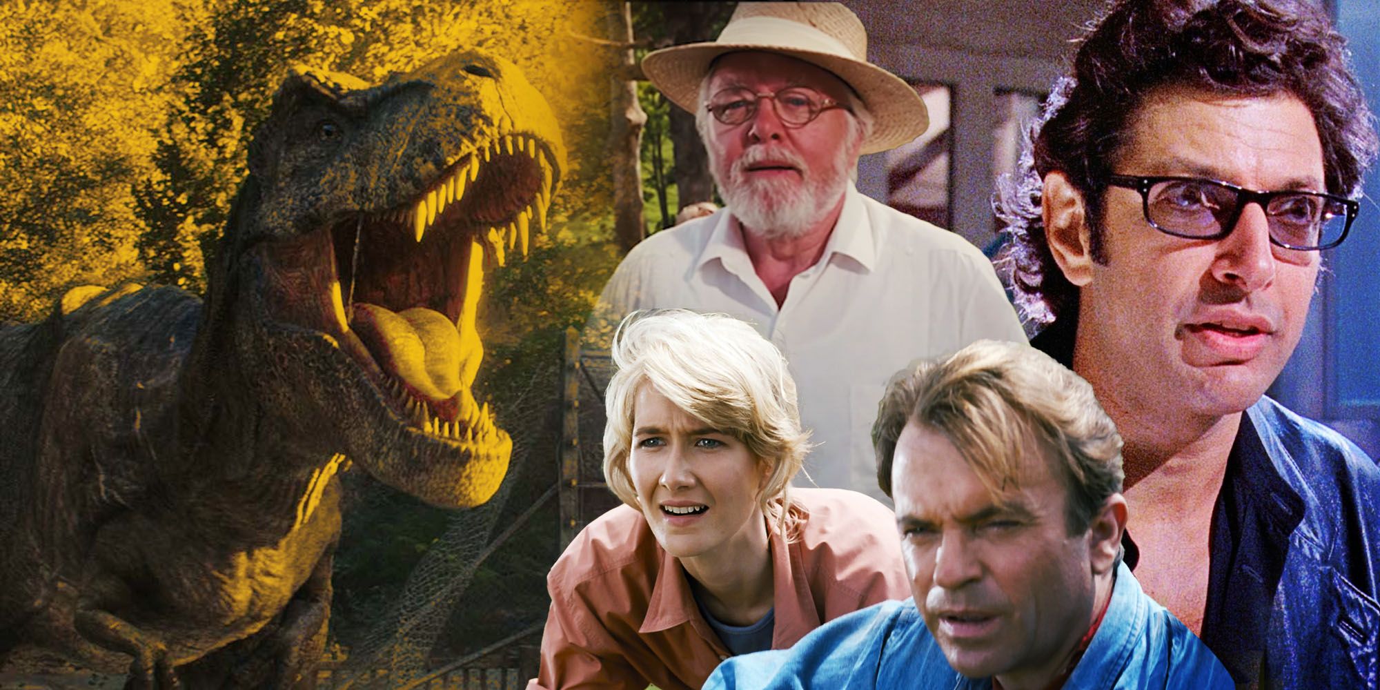 T Rex from Jurassic Park next to a collage of Jurassic Park's characters