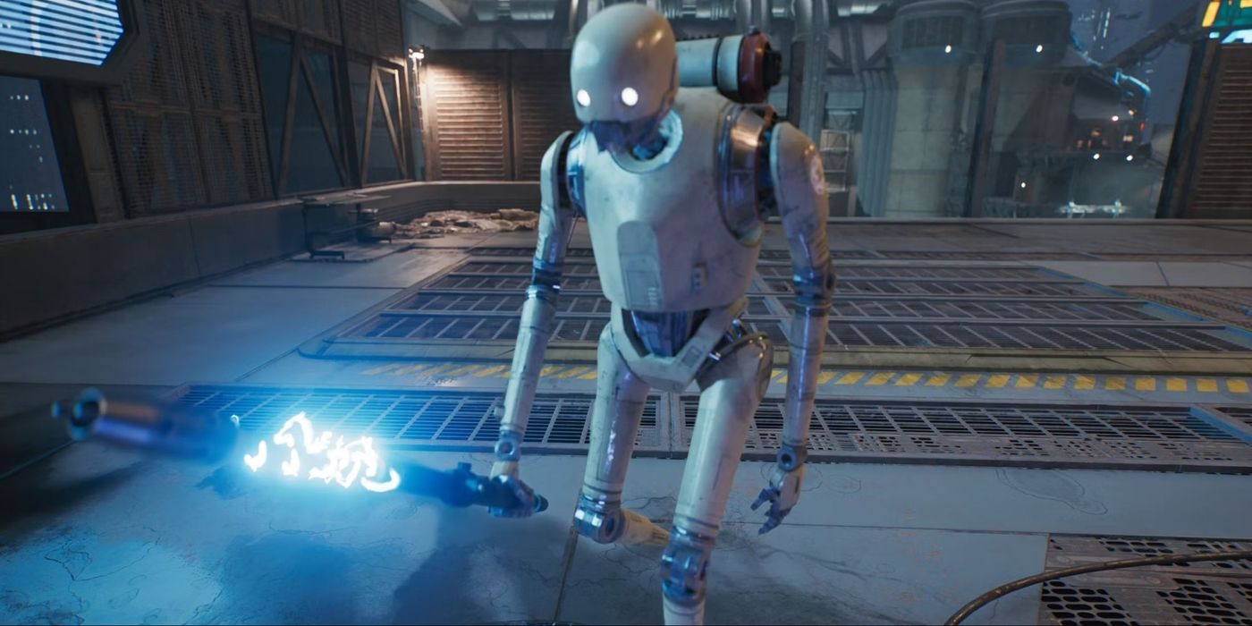 K-405 droid boss in Star Wars Jedi: Survivor holding a lightning rod type weapon