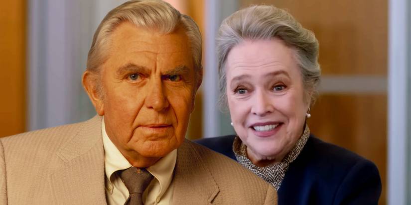 A composite image of Kathy Bates smiling in the Matlock reboot behind Andy Griffith as Matlock looking serious in the original series