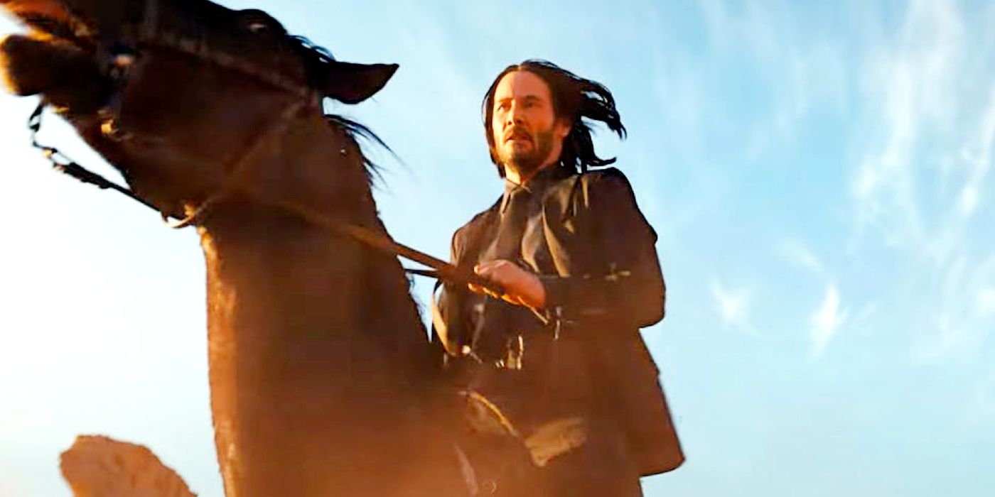 Keanu Reeves rides a horse in John Wick: Chapter 4.