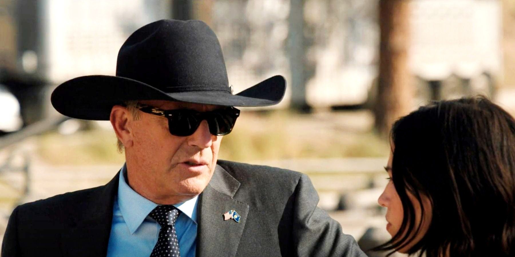 Kevin Costner as John Dutton wearing a cowboy hat and sunglasses in Yellowstone season 5 episode 8