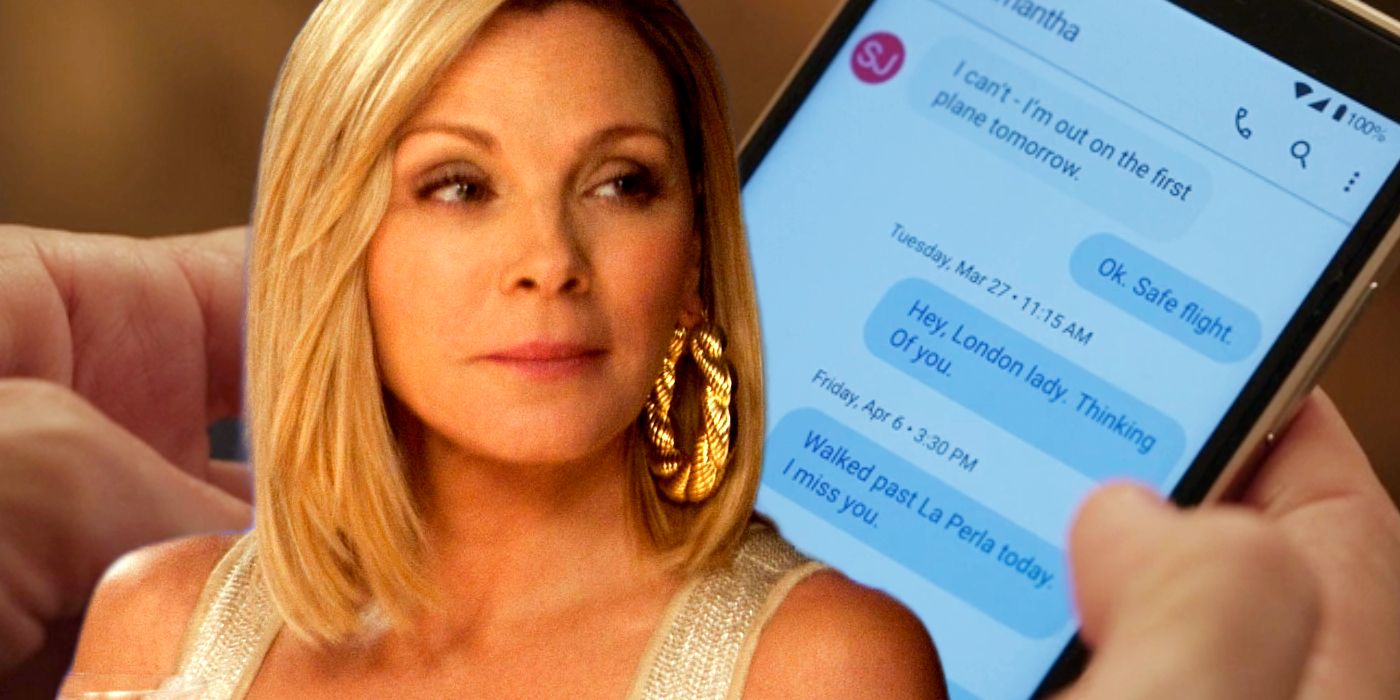 Kim Cattrall as Samantha Jones Superimposed in Front of Her Text Messages from And Just Like That