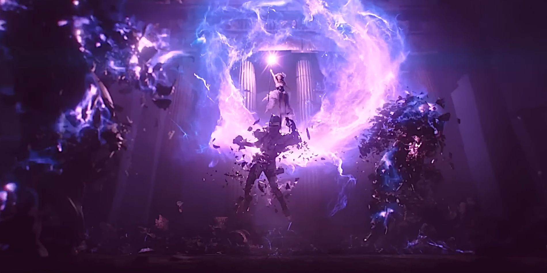 Screenshot from Knights of the Zodiac trailer shows the goddess of war destroying three metal suits of armor with a bright purple and blue energy while floating in the air.