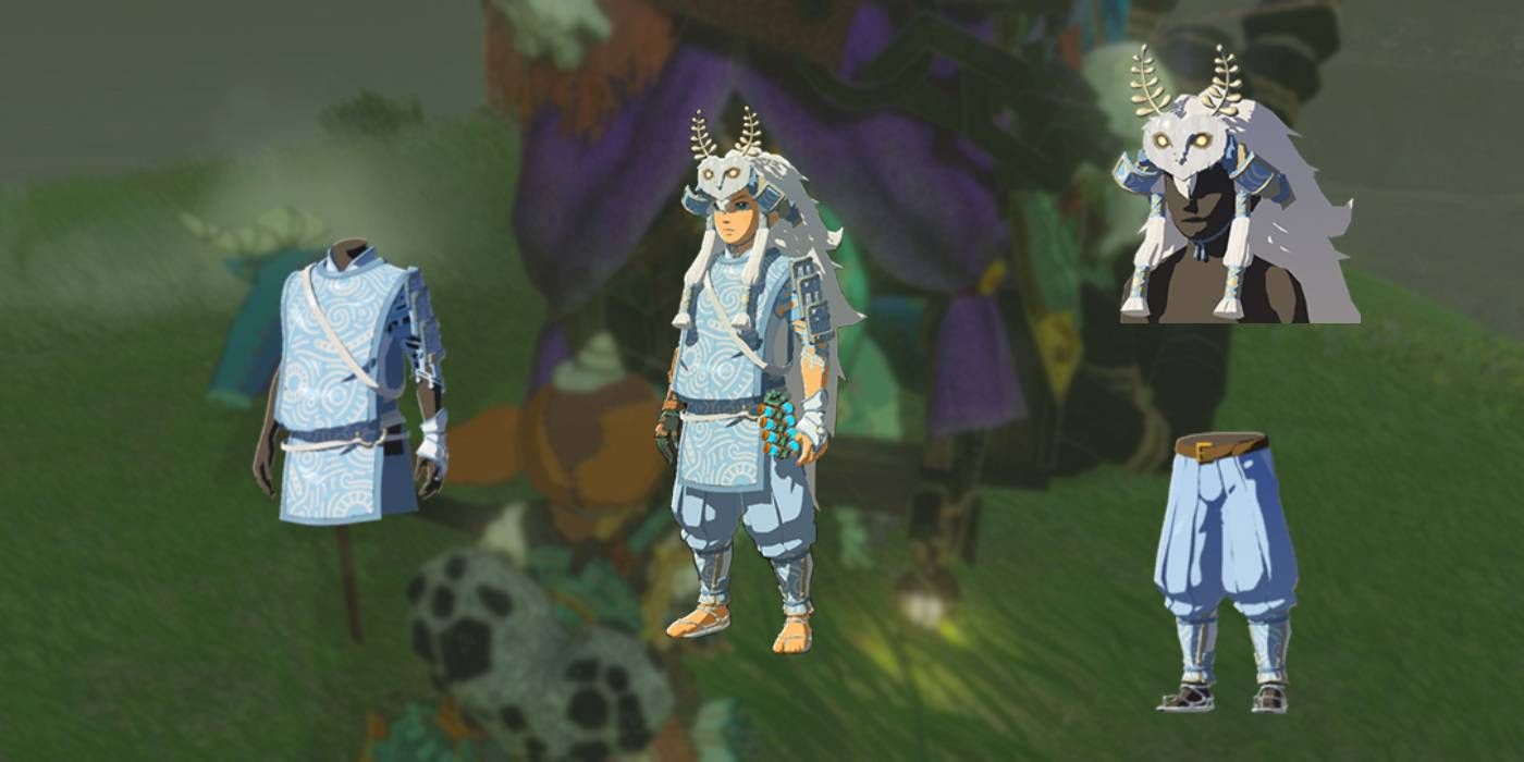 Zelda: Tears of the Kingdom Mystic Armor Set with All Pieces Shown with Koltin's Shop as Background