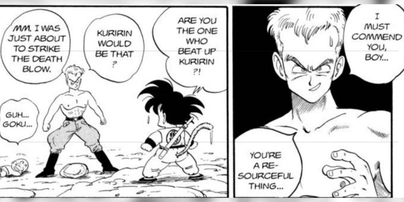 Krillin is beat up when Goku arrives to save him from General Blue in Dragon Ball
