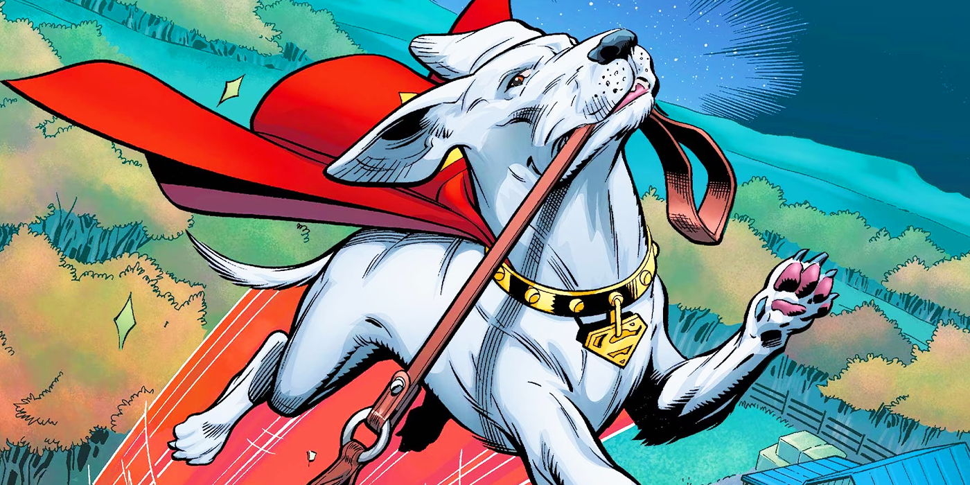 Arte em quadrinhos: Krypto, o Superdog, puxa sua corda enquanto voava na DC Comics