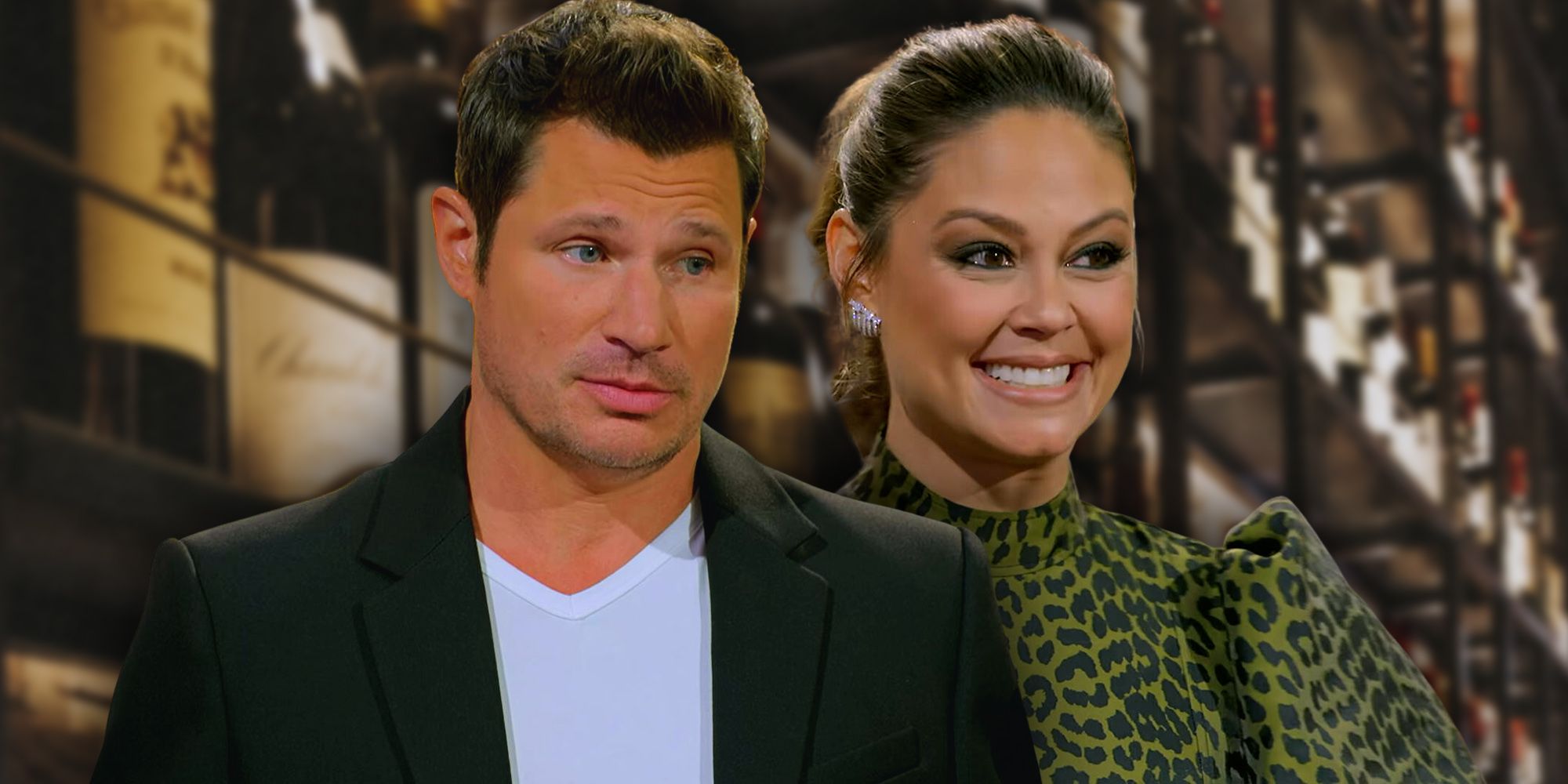 Love Is Blind's Nick Lachey looking surprised and Vanessa Lachey smiling