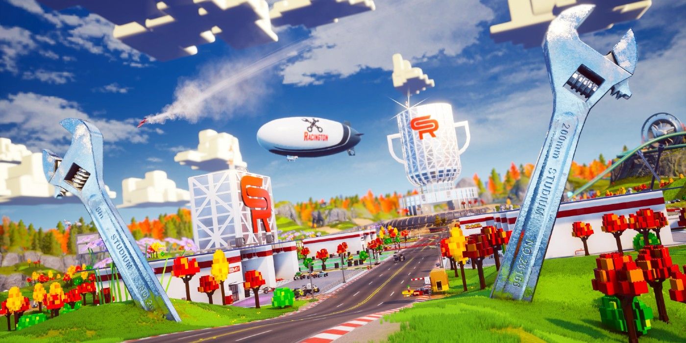 LEGO 2K Drive Bricklandia first area, showing an open road, blimp, and giant wrenches in the ground.