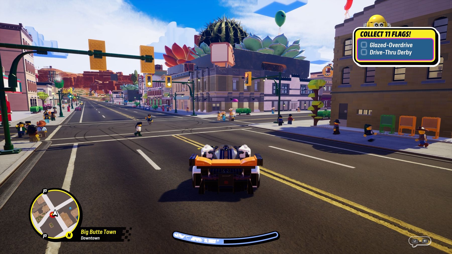 A player driving through LEGO 2K Drive in Big Butte Town
