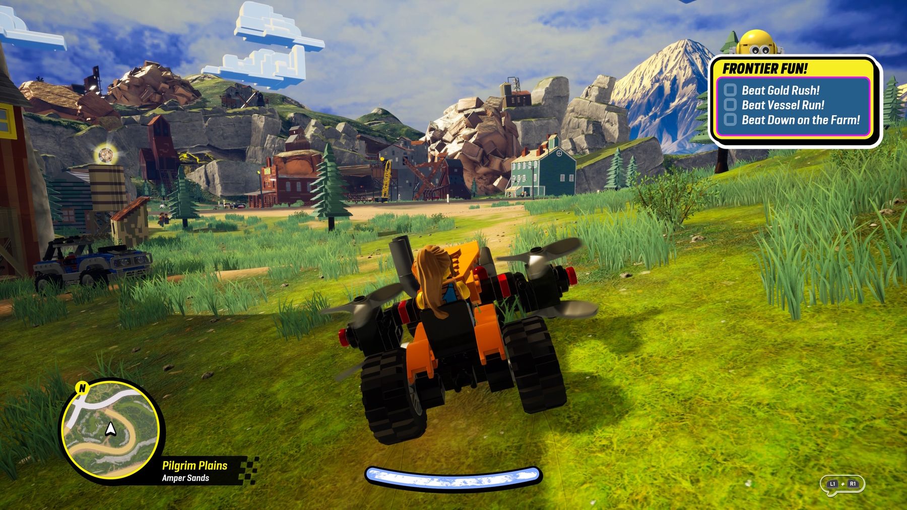 A player driving a weed cutter off-road vehicle through the open world in LEGO 2K Drive
