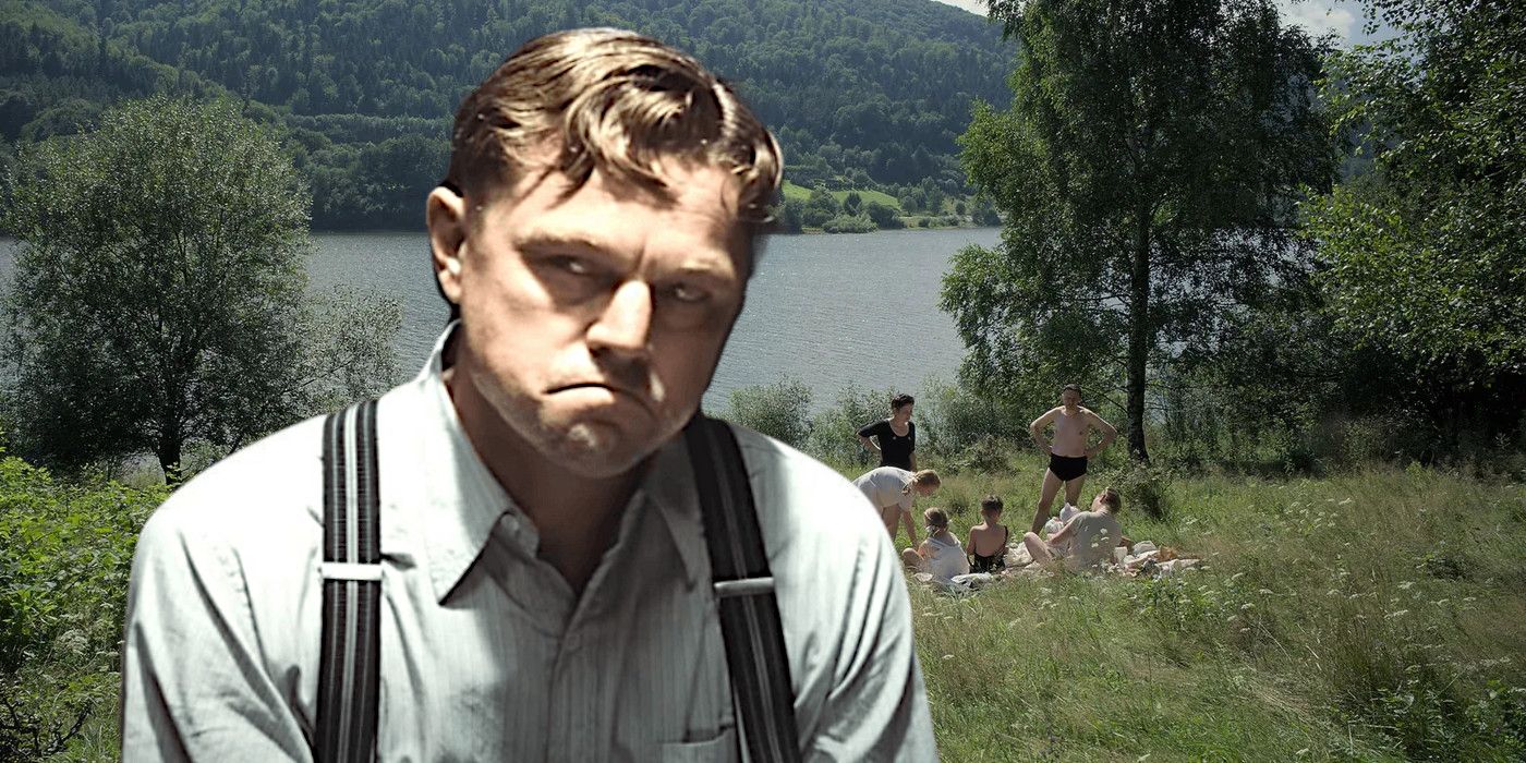 Leonardo DiCaprio in Killers of the Flower Moon wearing suspenders and making a grumpy face mashed up with a peaceful pastoral scene from The Zone of Interest