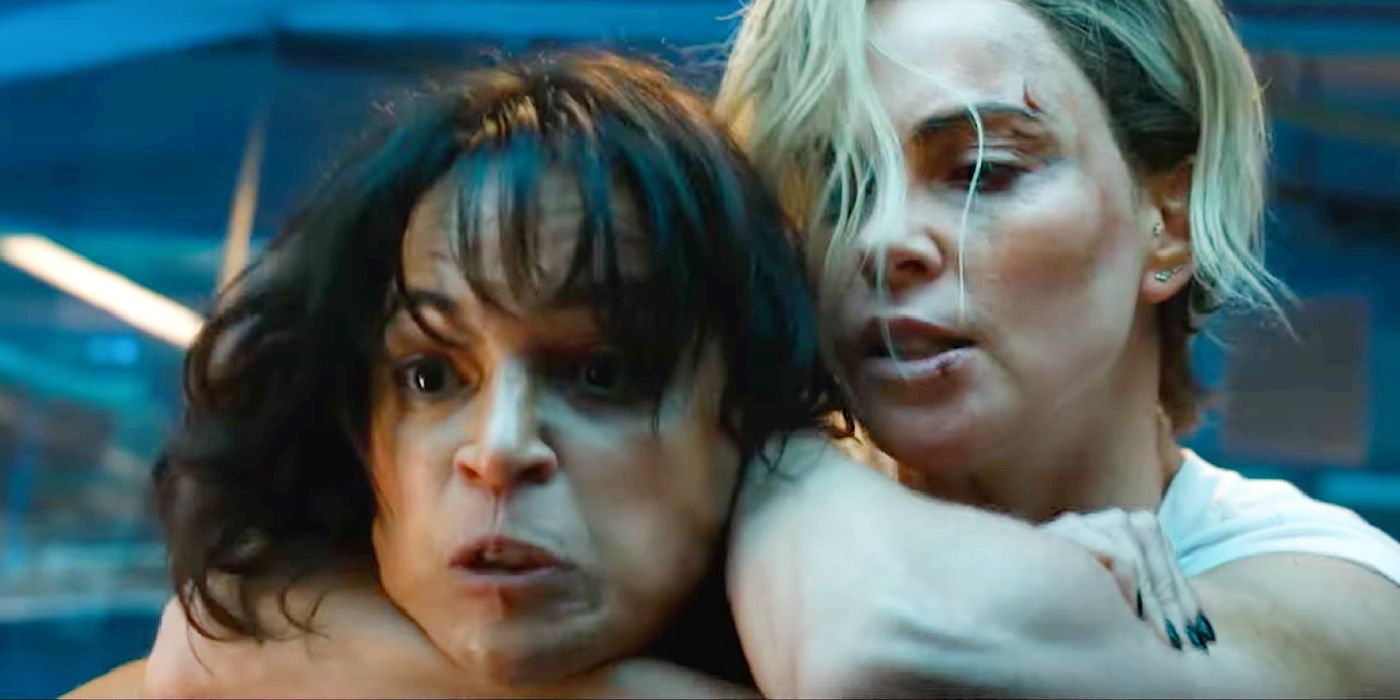 Michelle Rodriguez's Letty and Charlize Theron's Cipher fighting in Fast X.