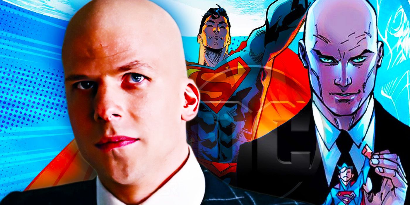 Montage of Jesse Eisenberg's Lex Luthor with comic book Superman and Lex on a vibrant blue background.