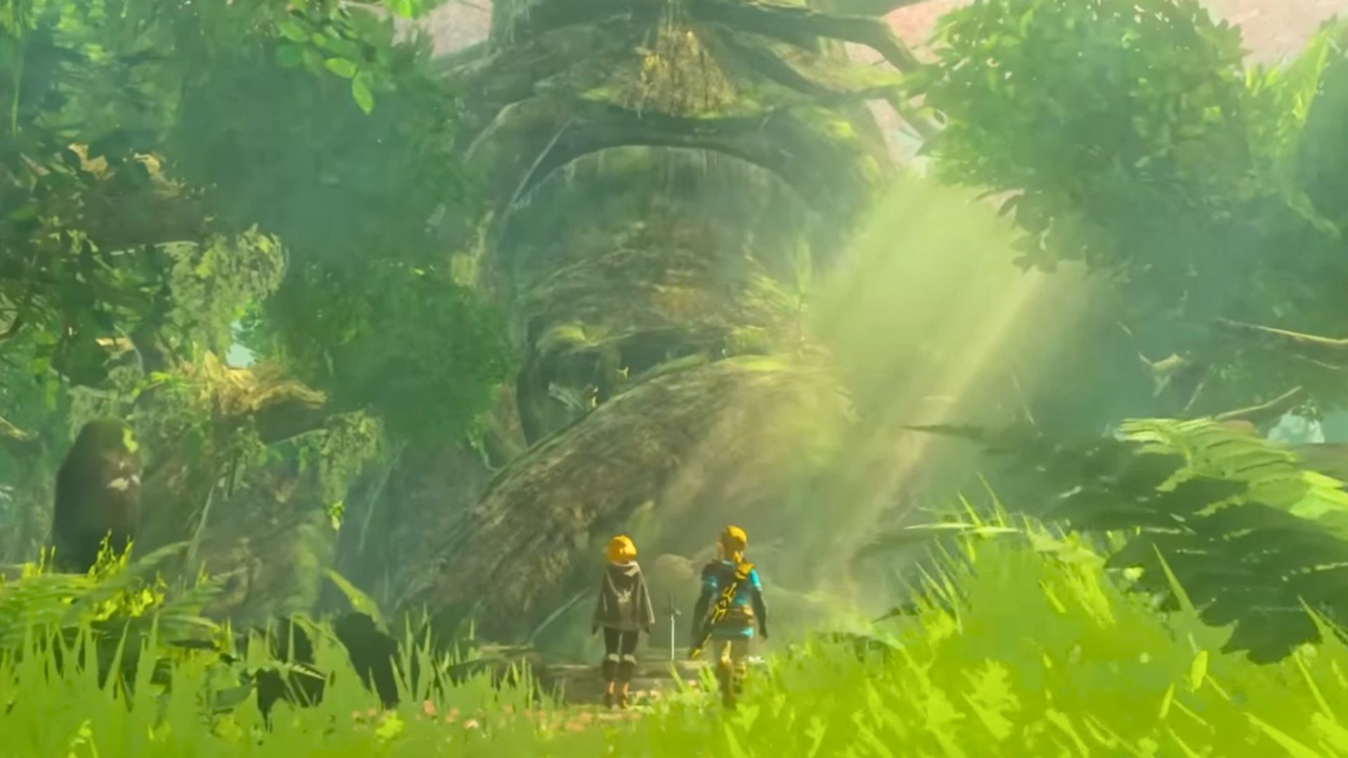 Link and Zelda in front of the Deku Tree in Zelda TOTK