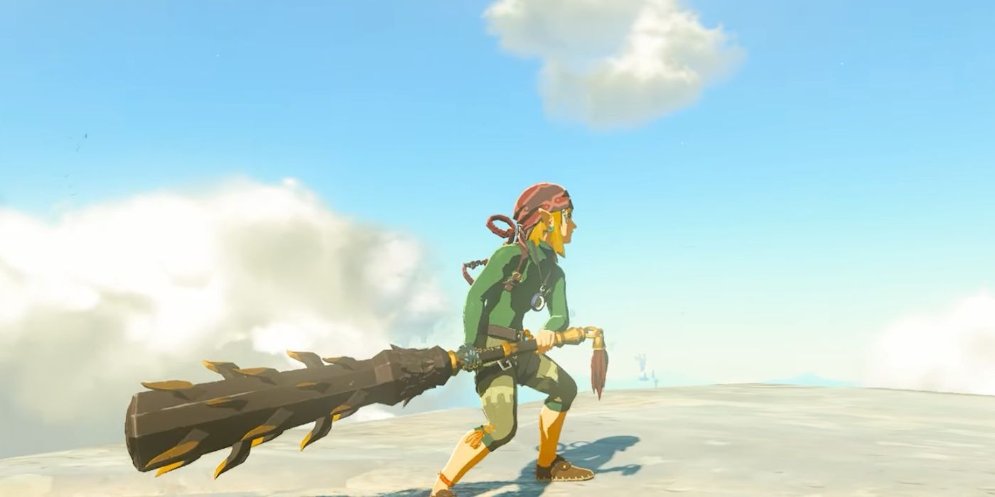 Link standing on a cliff and holding the Gloom Club in Zelda: Tears of the Kingdom.