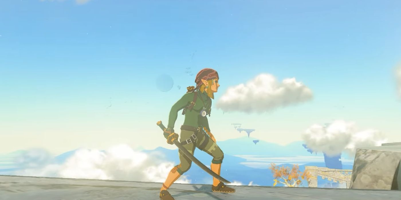 Link standing on a cliff and holding the White Sword of the Sky in Zelda: Tears of the Kindgom.