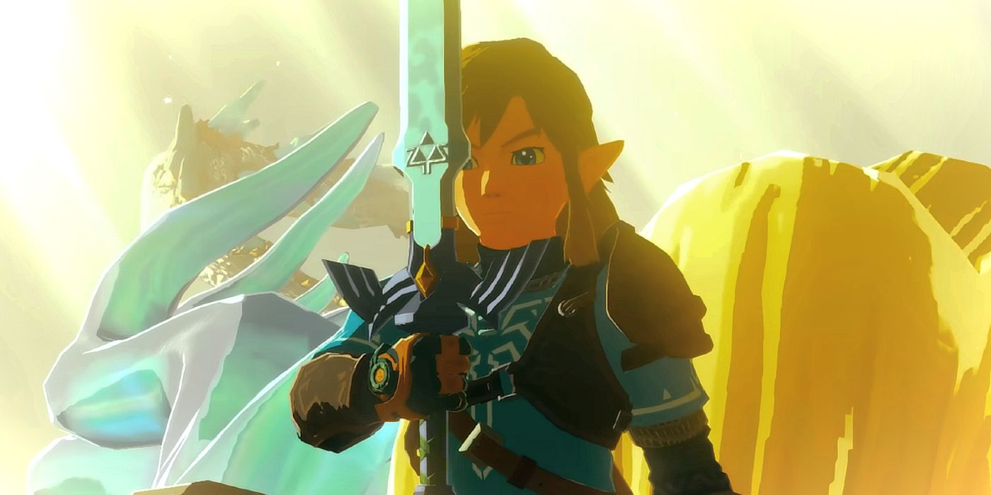 Link standing on top of Zelda in her dragon form and holding the Master Sword in front of his face in Zelda: Tears of the Kingdom.